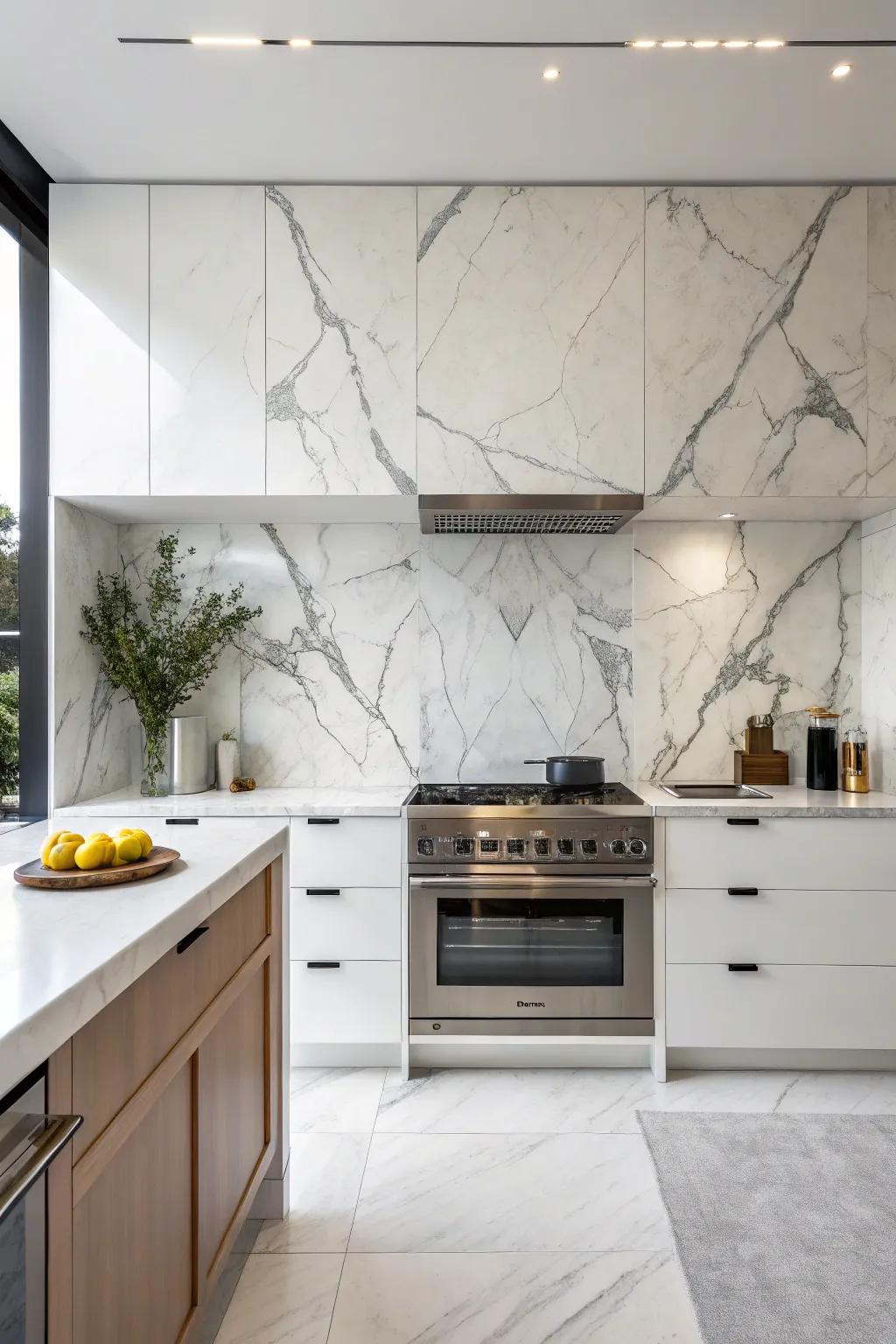 A kitchen showcasing the seamless elegance of a large marble section backsplash.