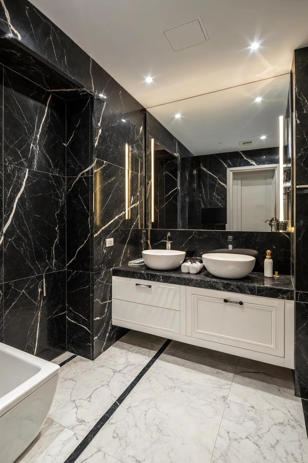 Dark marble forms a dramatic and stunning visual in this bathroom.