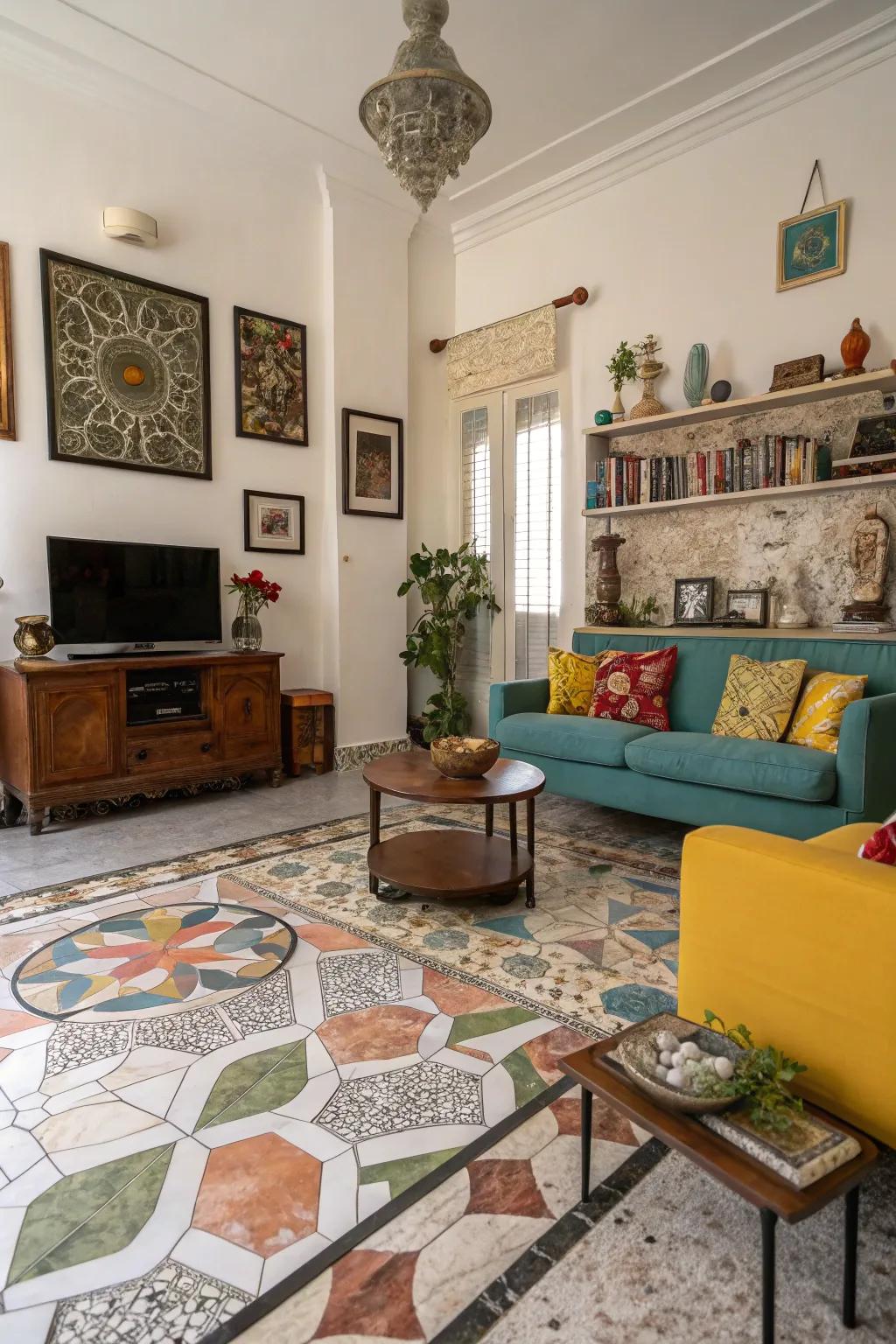 Mosaic patterns bring playful charm to stone flooring.
