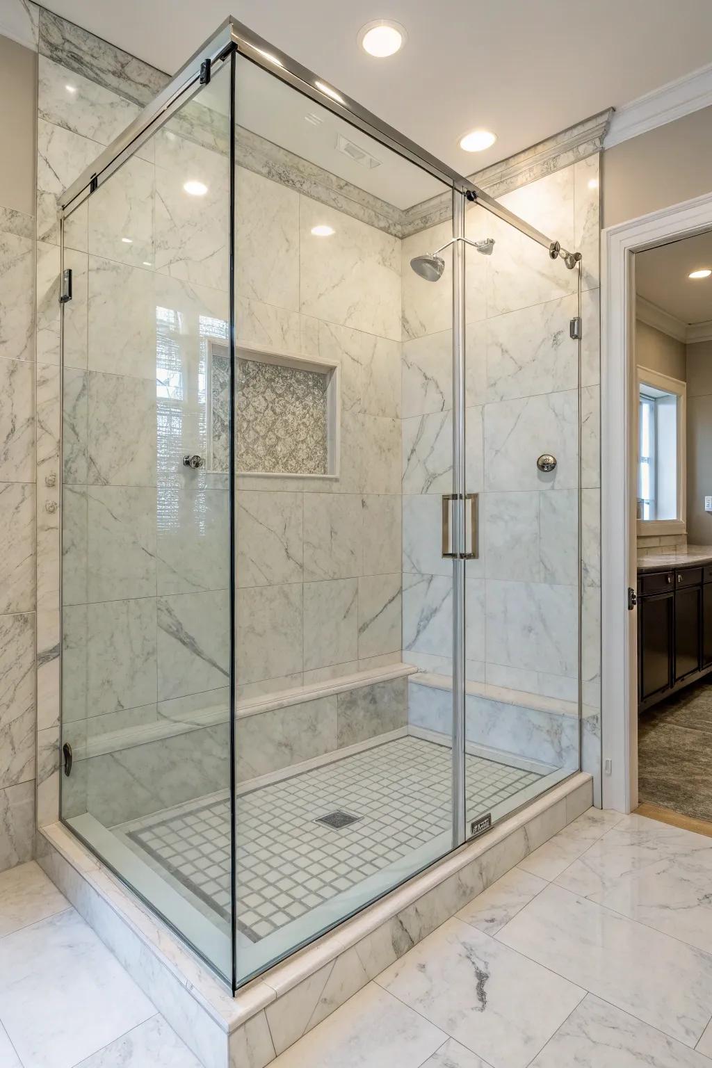 Glass enclosures let your marble tiles take center stage.
