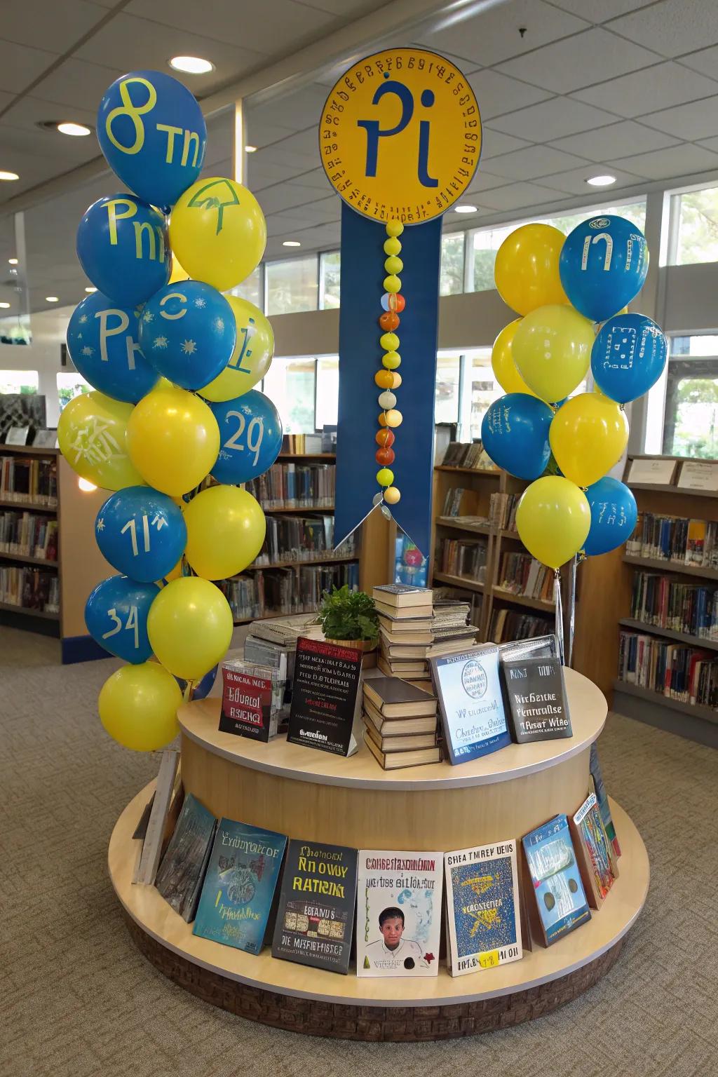 A Pi Day display featuring math-related books and circular decorations.