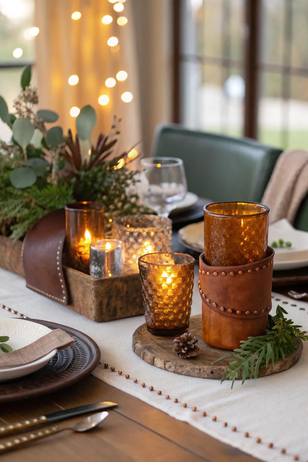 Leather and golden tints bring warmth and opulence.