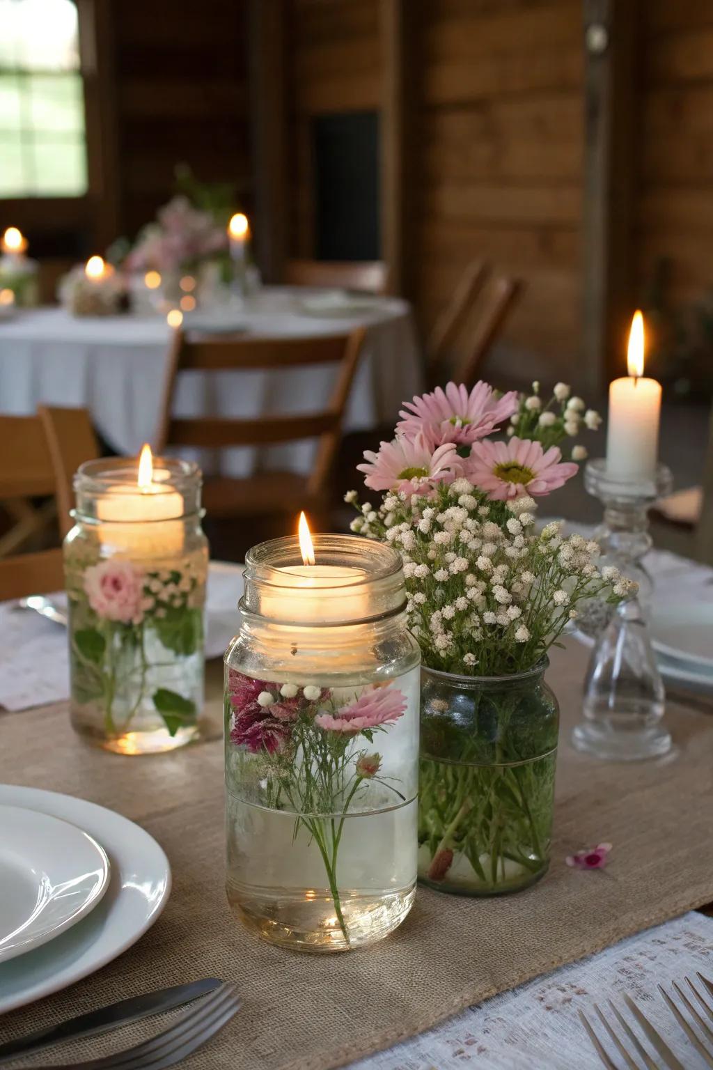 Enchanting floating flower and candle preserving-style jar centerpieces.