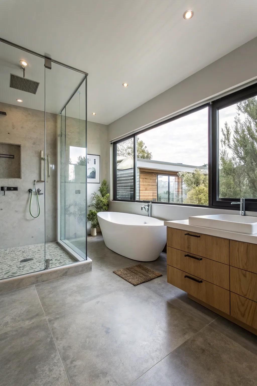 Concrete flooring provides a modern, minimalist look.