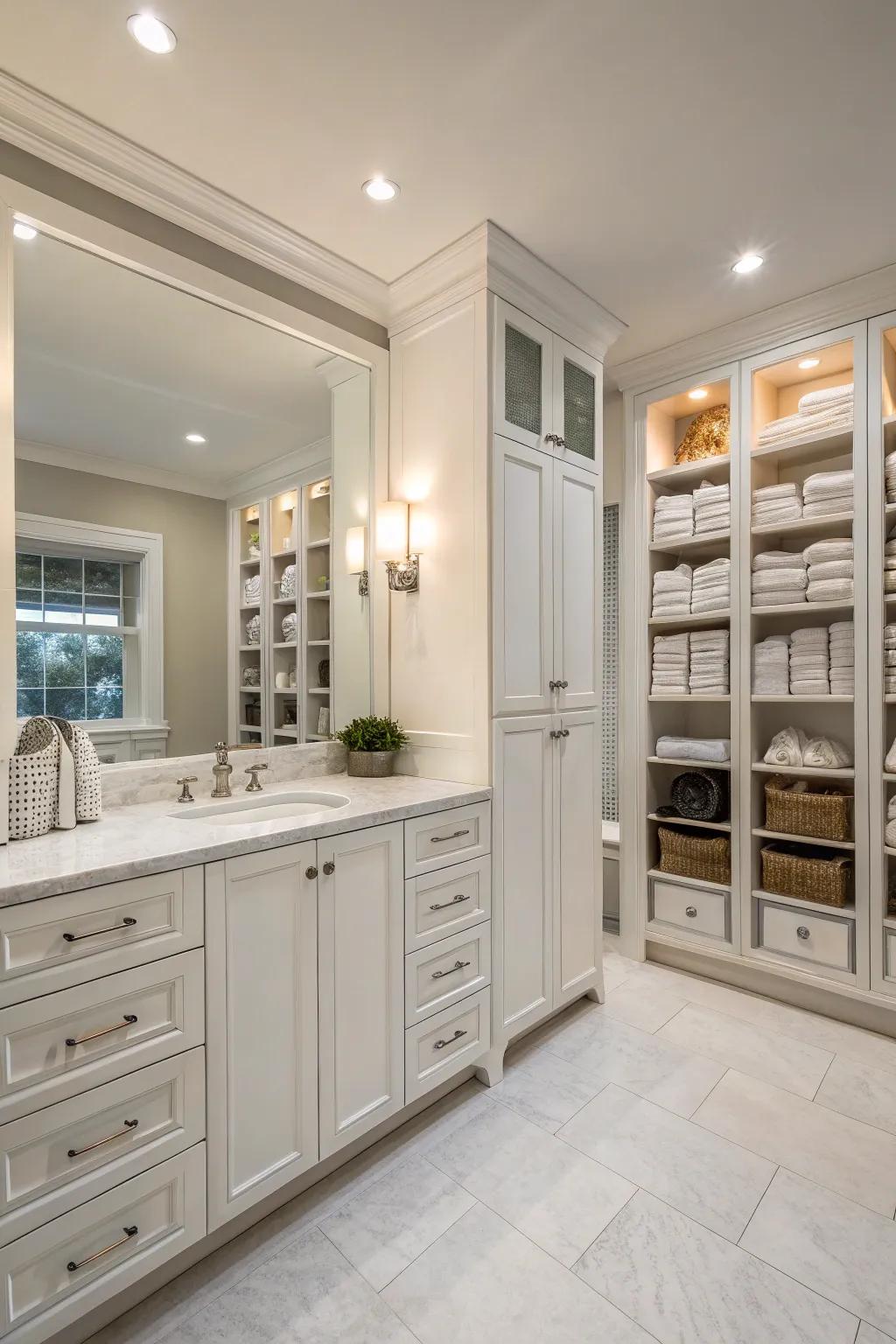 Tailored storage solutions keep your bathroom organized and clutter-free.