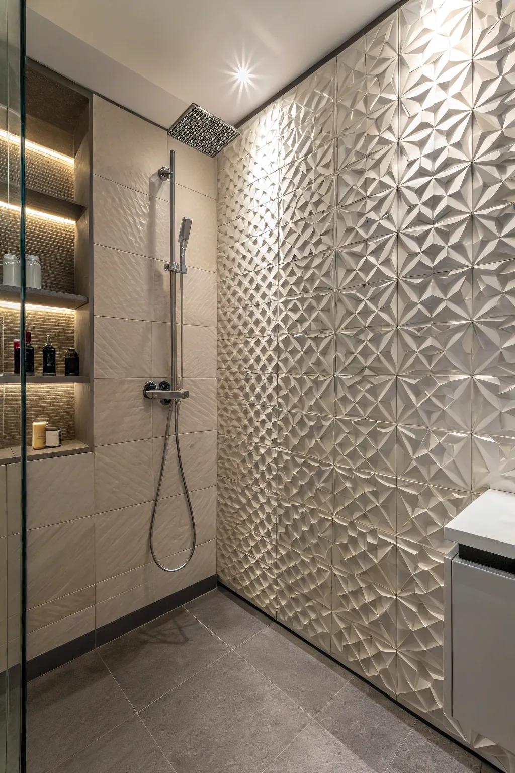 A shower styled with 3D tiling, adding depth and aesthetic charm.