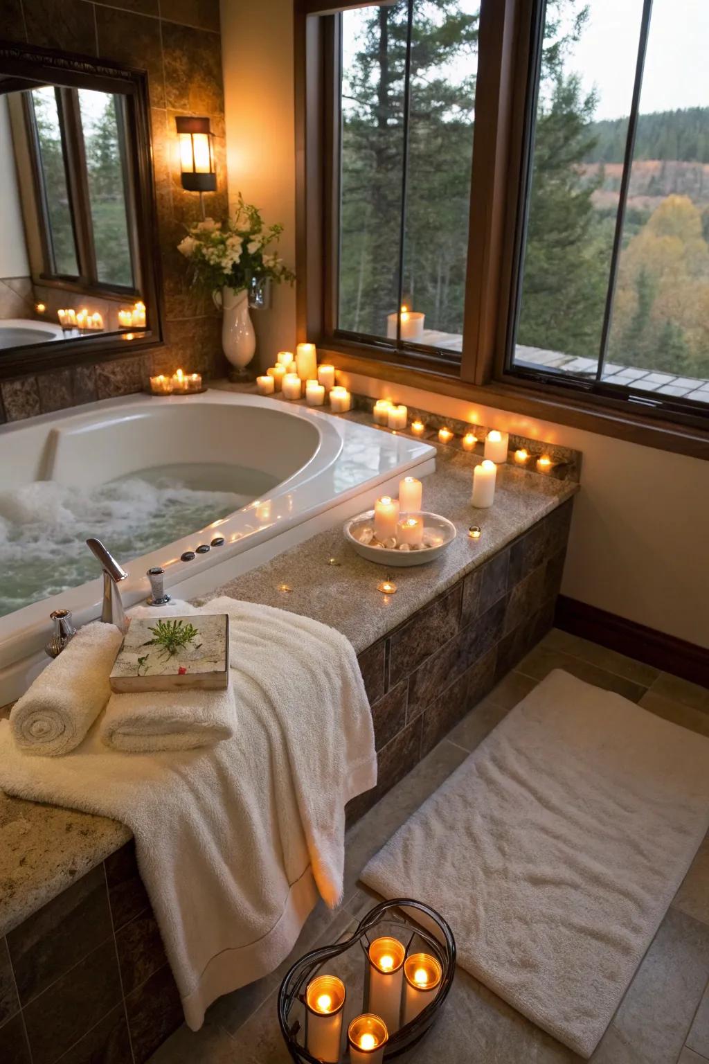 Cozy features around the whirlpool tub highlight warmth and comfort.