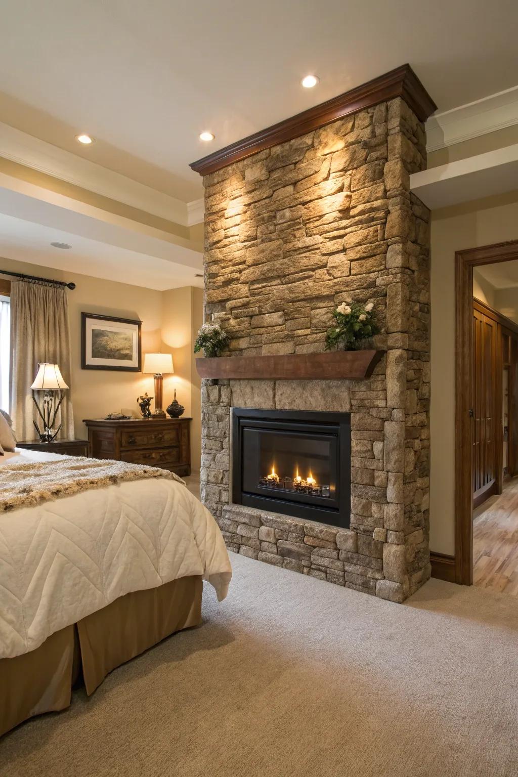 A textured wall next to the fireplace adds measurement and uniqueness to the bedroom.