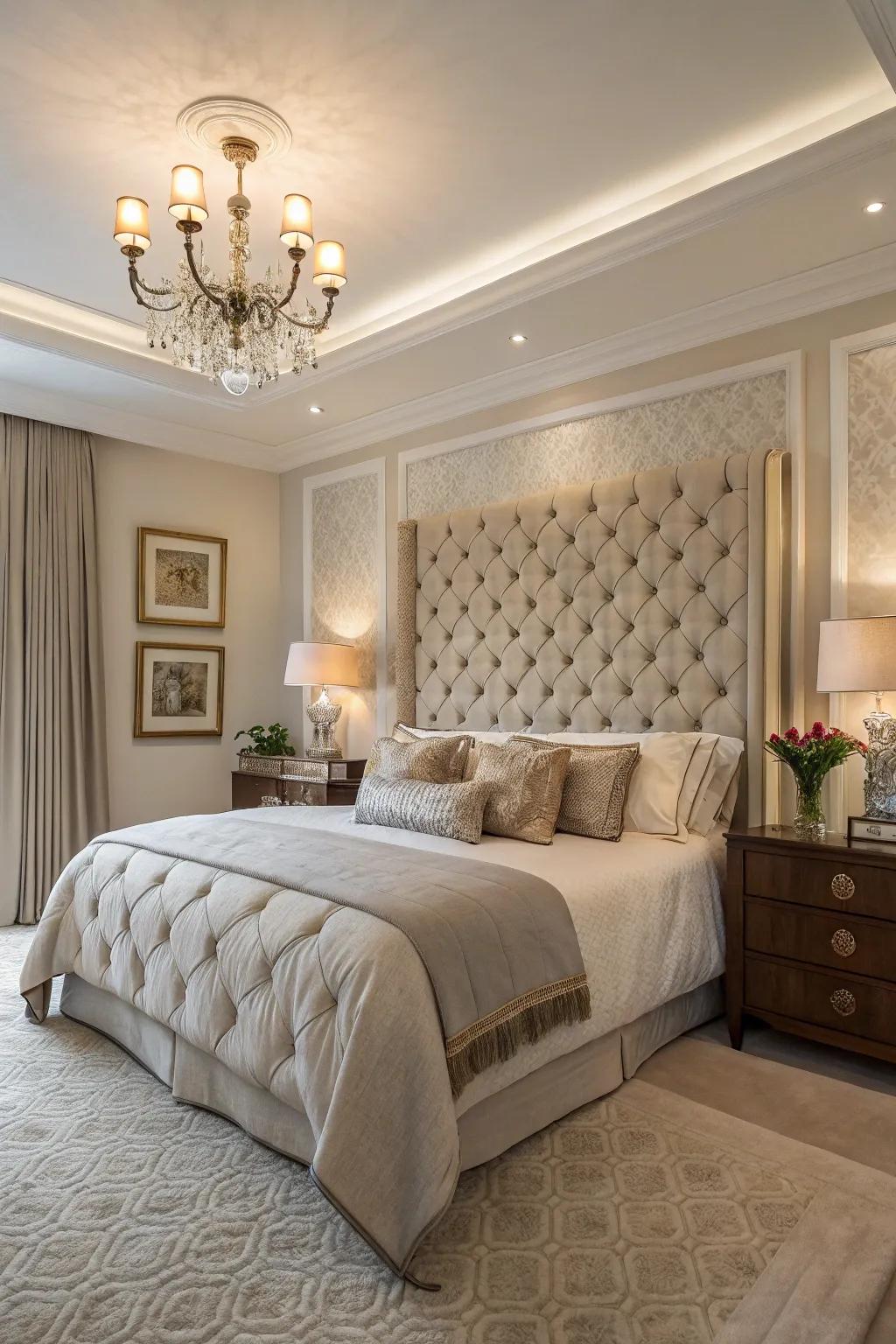 Textured elements, such as button-tufted panels, elevate the elegance of your headboard wall.