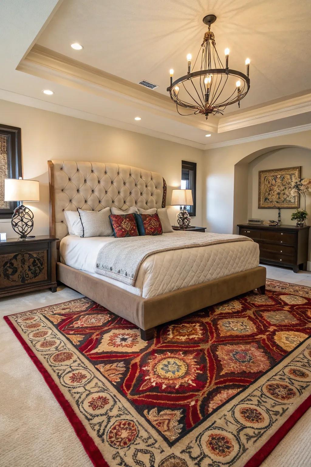 A statement rug injects character and warmth into your bedroom.