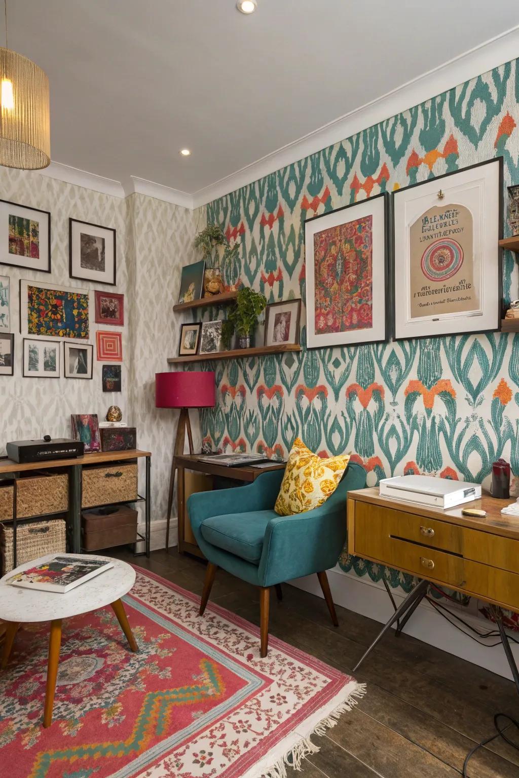 Tribal-inspired wallpaper contributes a bohemian element to a creative studio.
