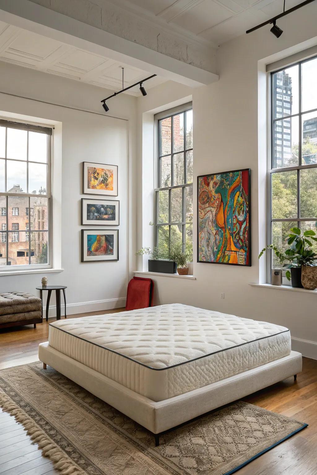 Mix modern art with your mattress setup for a chic look.