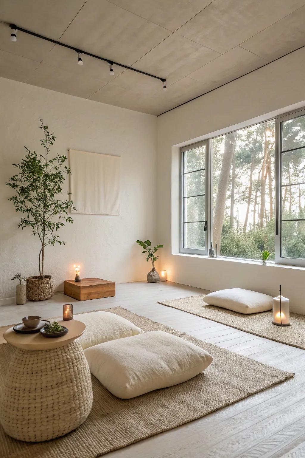 A minimalist meditation room with clean lines and open space.