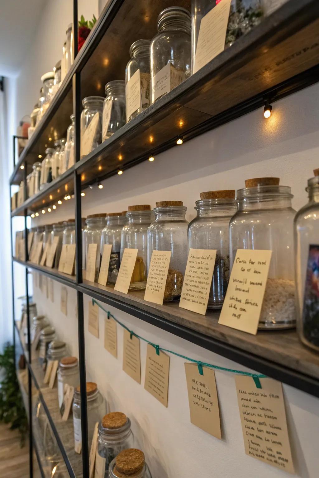 Memory vessels filled with treasures, introducing a personal element to a remembrance display.