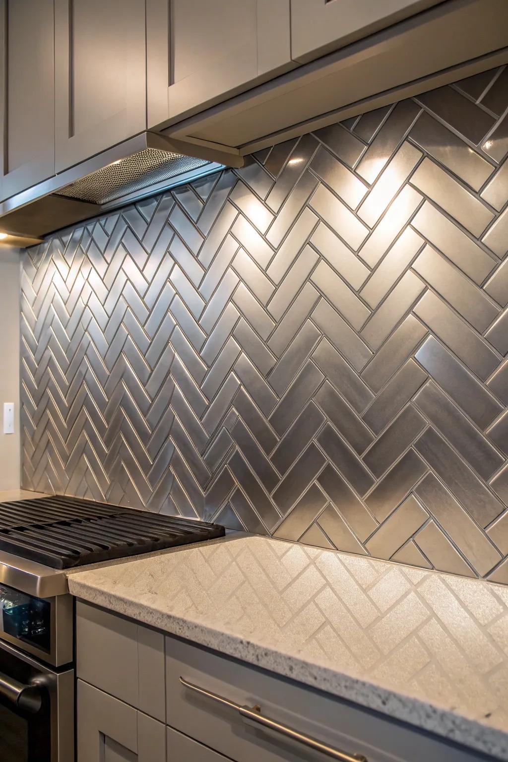 A kitchen wall presenting a textured chevron metallic backsplash.