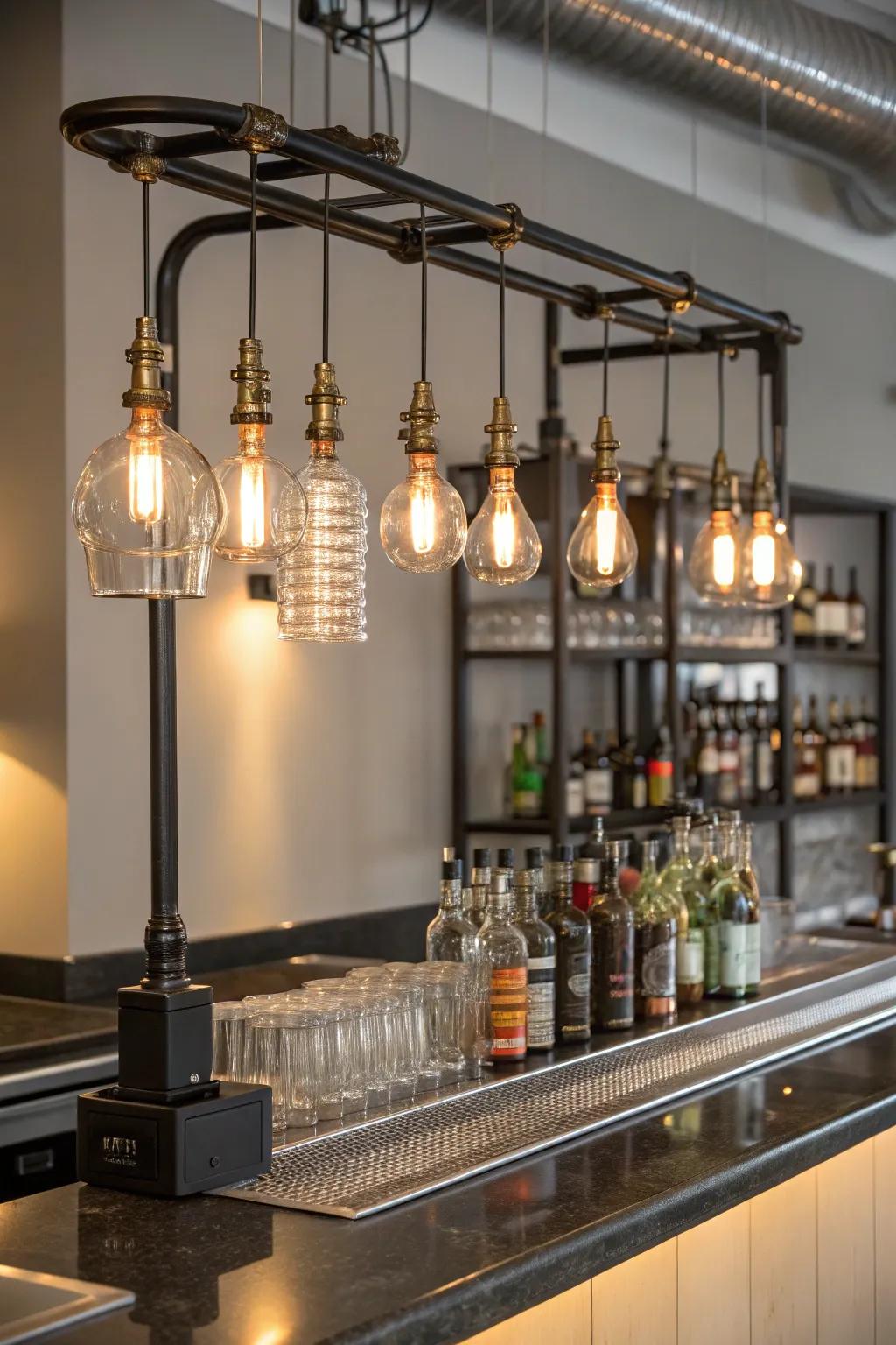 Industrial illumination lends rustic charm to the mini bar.