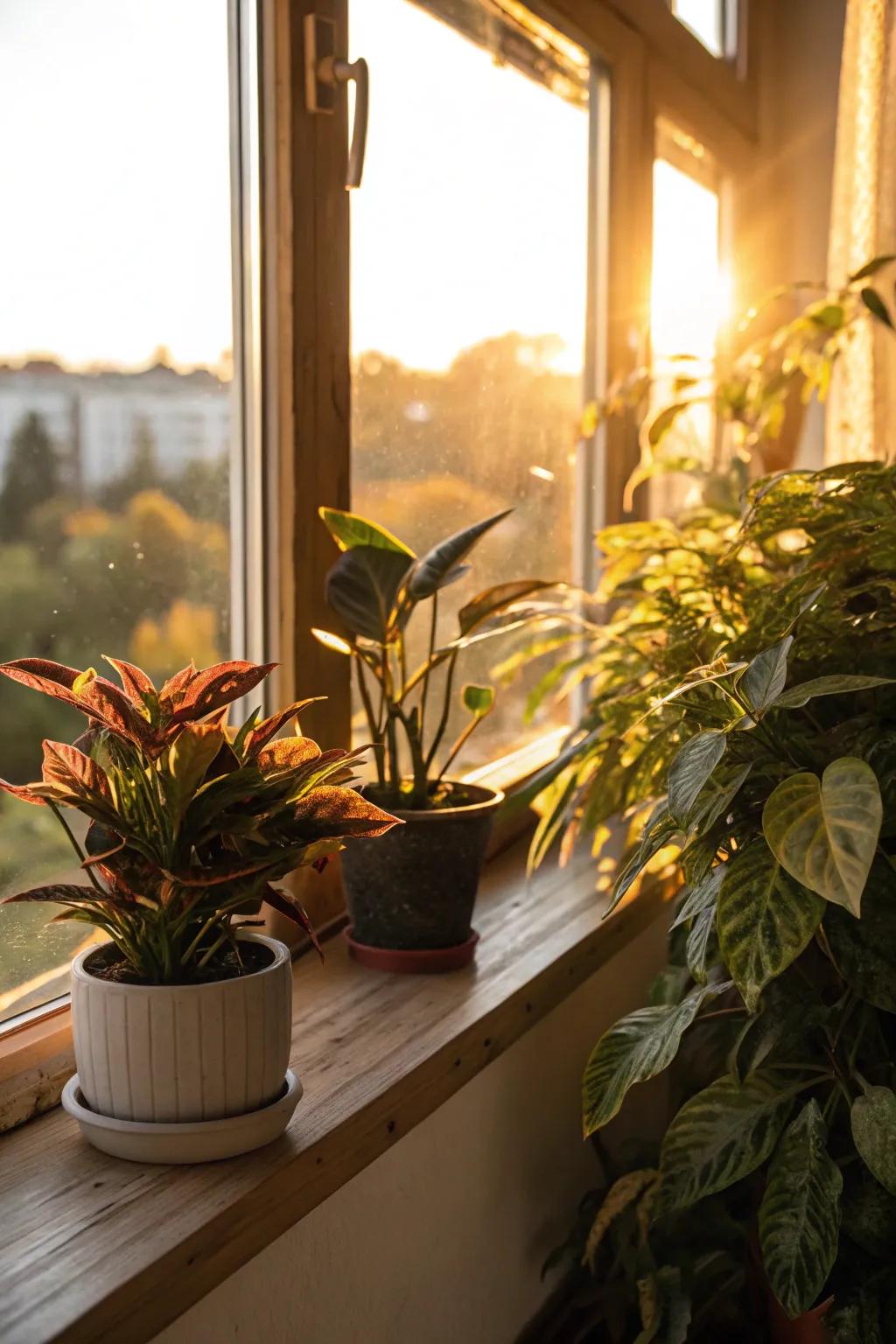 A selection of flora thriving on a sun-drenched window ledge.
