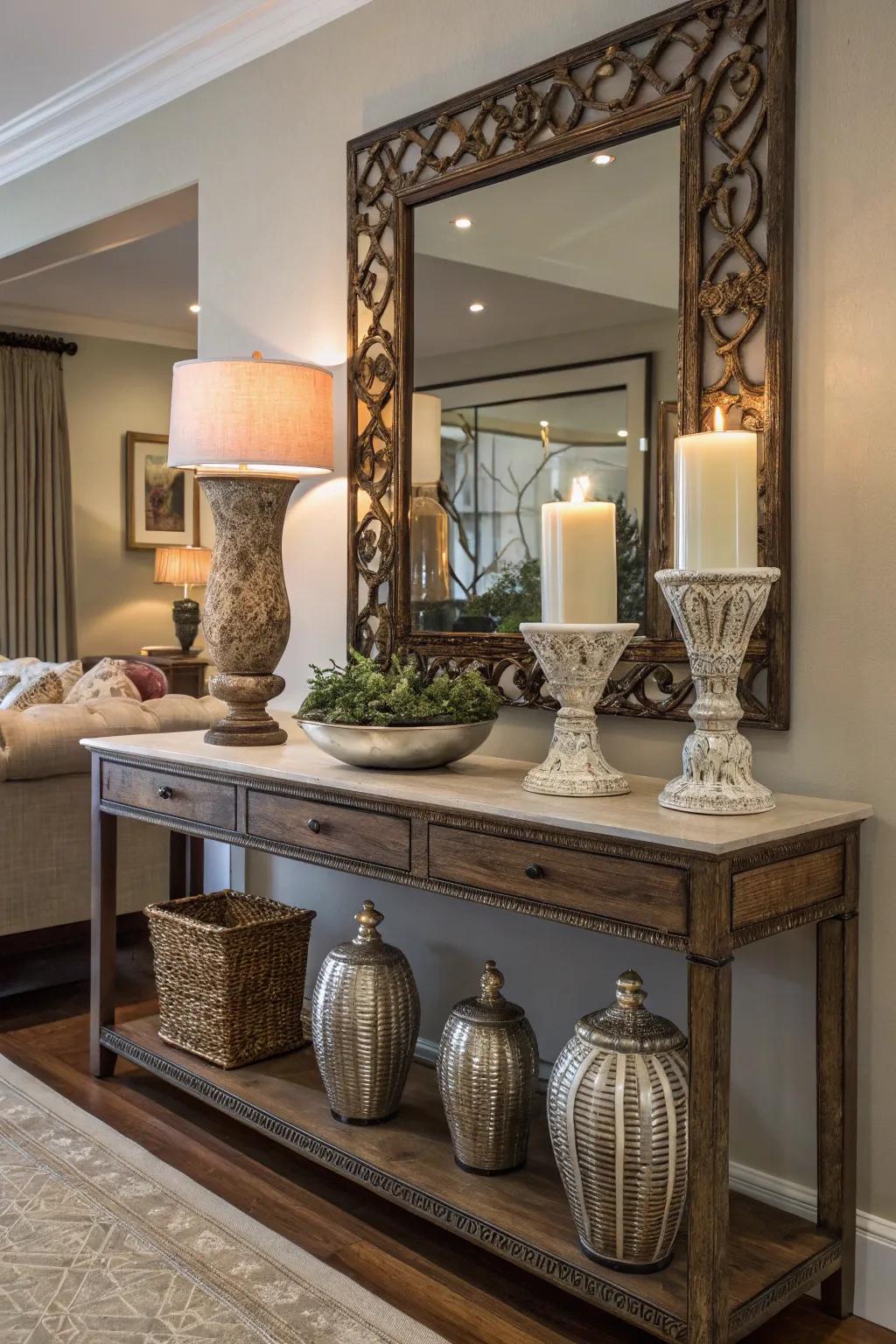 Mirrors above console tables enhance both light and elegance.