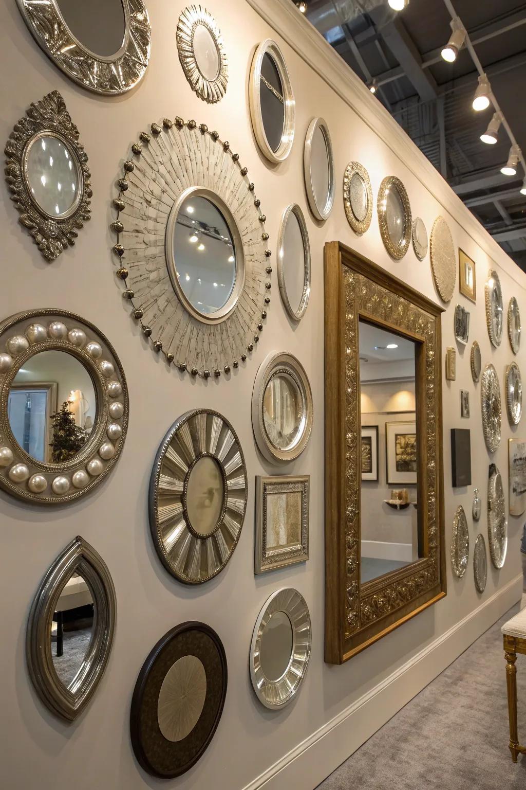 A reflector gallery wall incorporates individuality and visual charm.