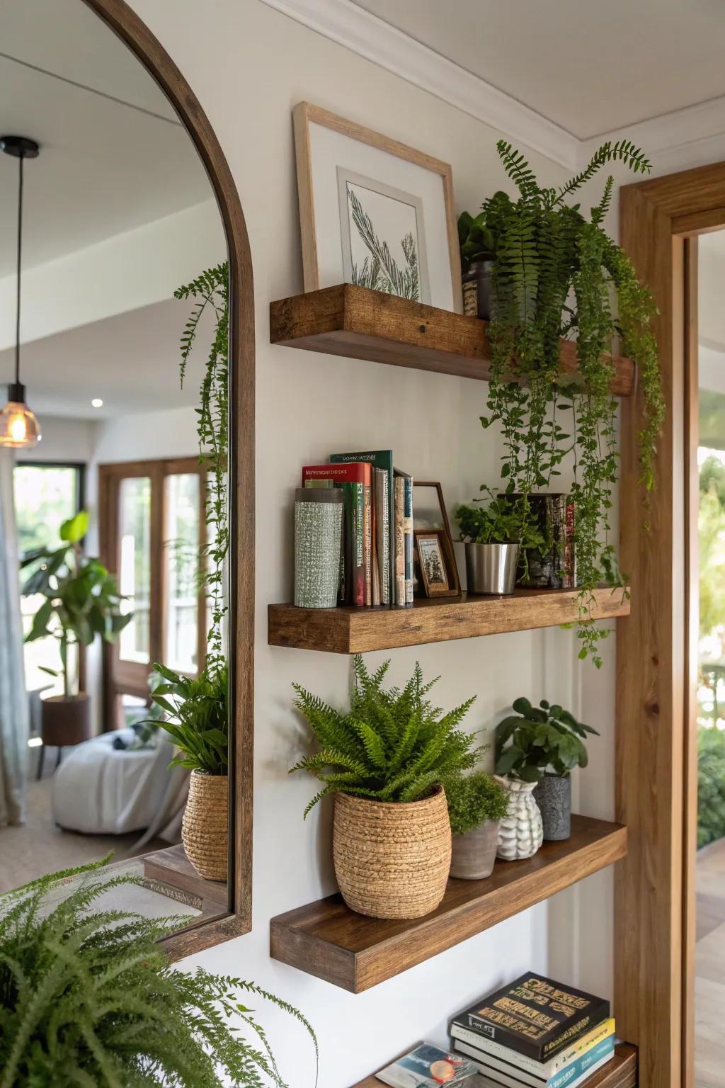 A properly used corner that has a mirror and wall ledges for added charm.