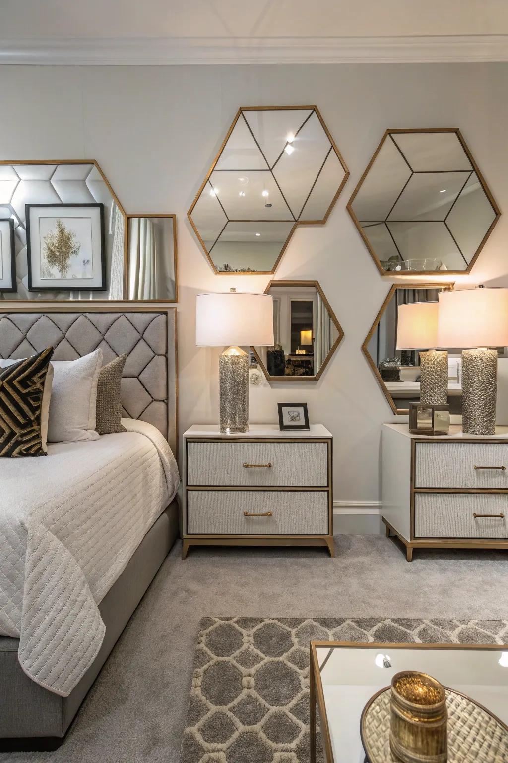 Geometric mirrors contribute a lively and modern flair to the bedroom.