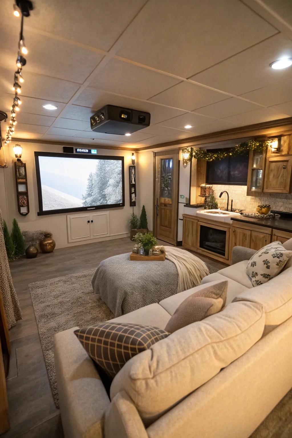 A snug recreation area featuring a large screen and plush seating, ideal for family movie evenings.