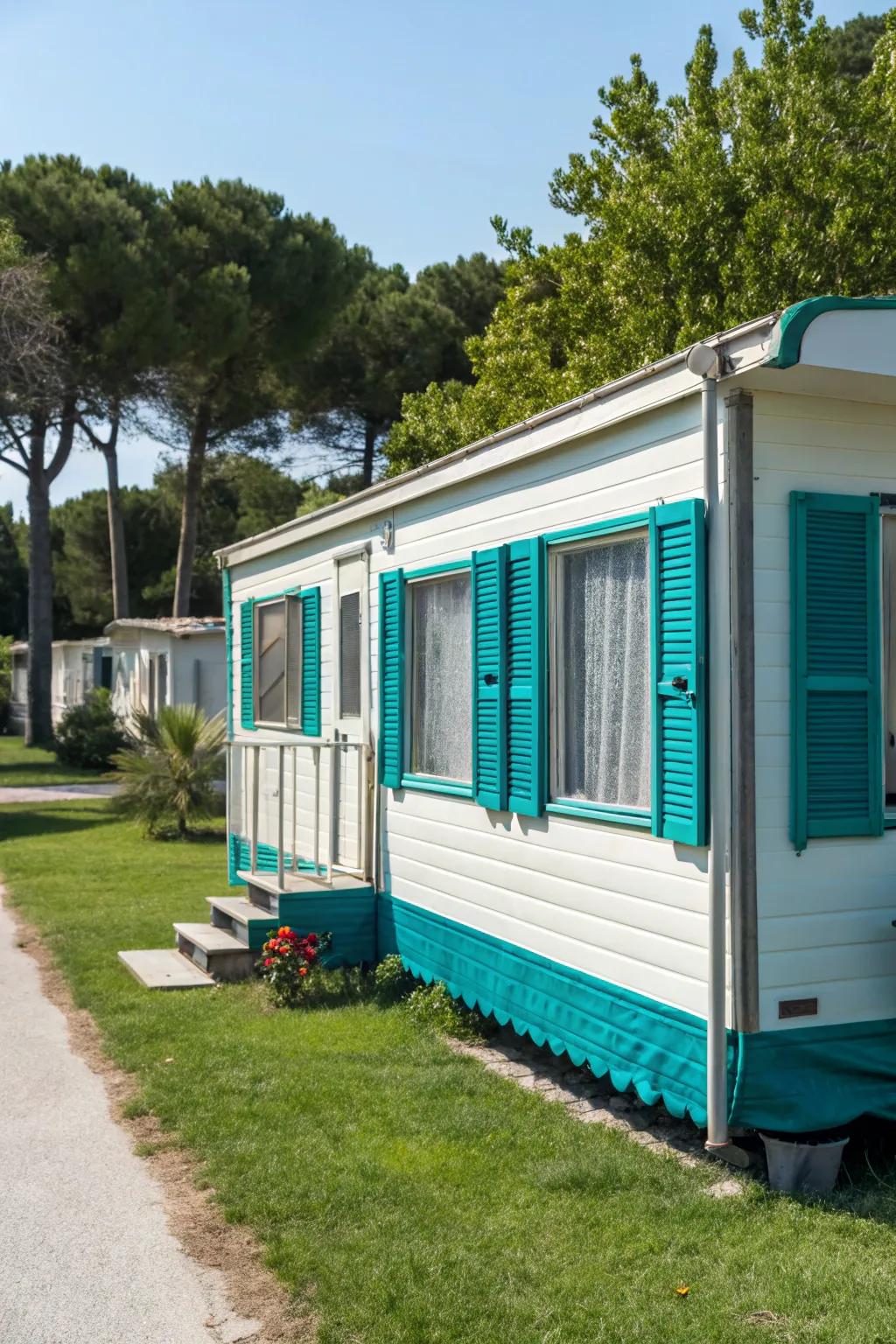 Teal louvers adding a splash of color to a mobile home.
