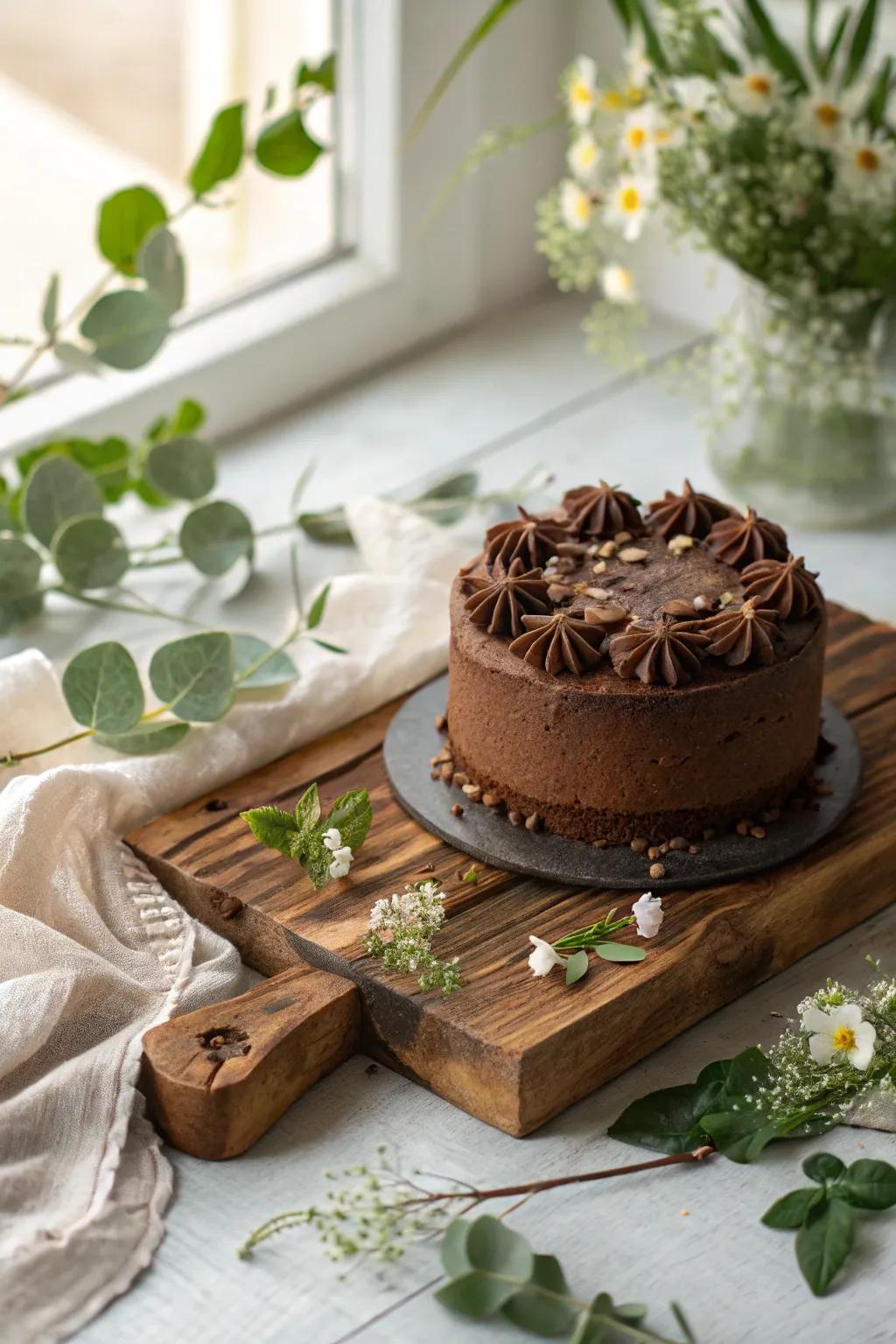 Country-themed mocha cake featuring a snug, inviting presentation.