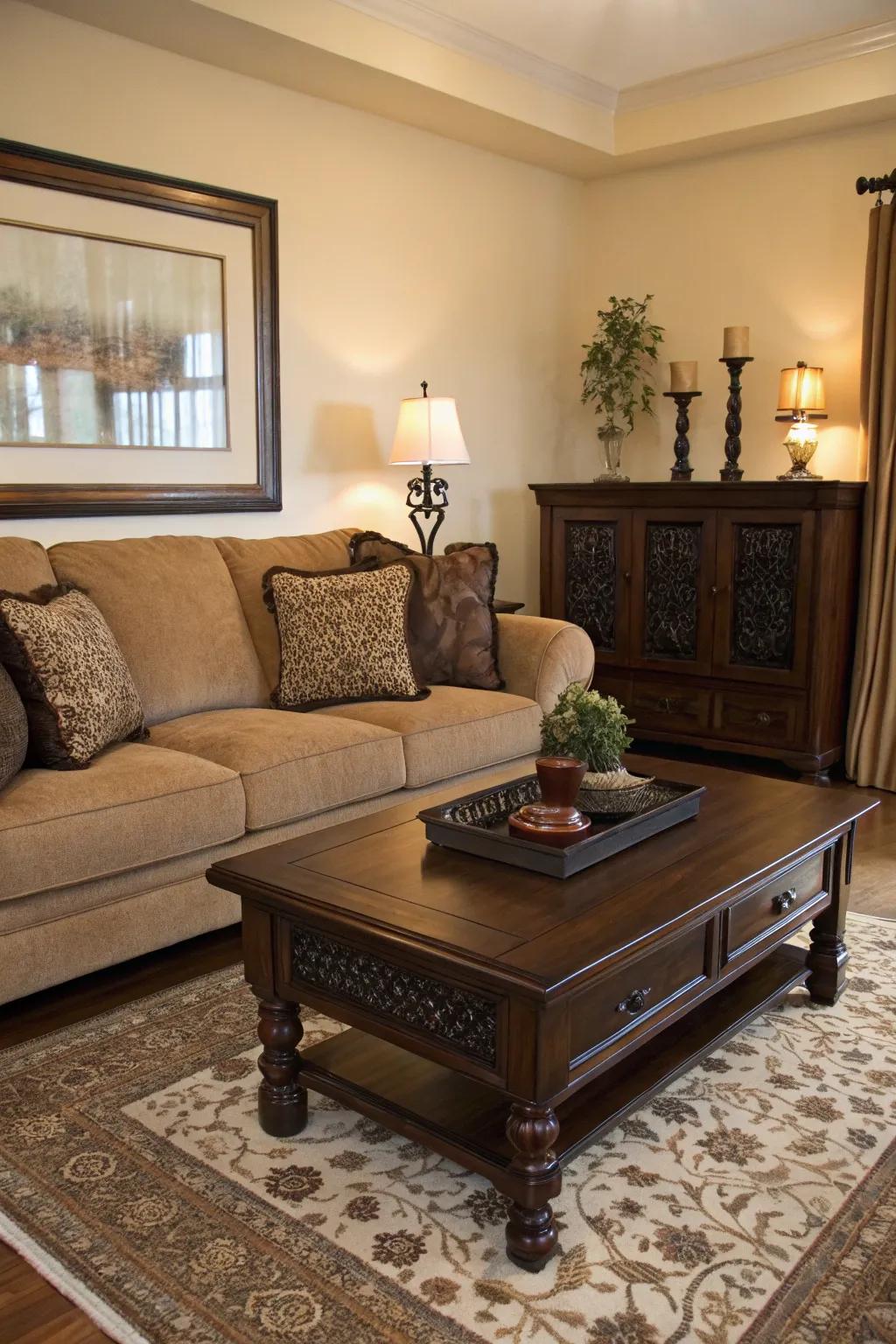 Dark features impart dimension and contrast to the chocolate-brown sofa arrangement.