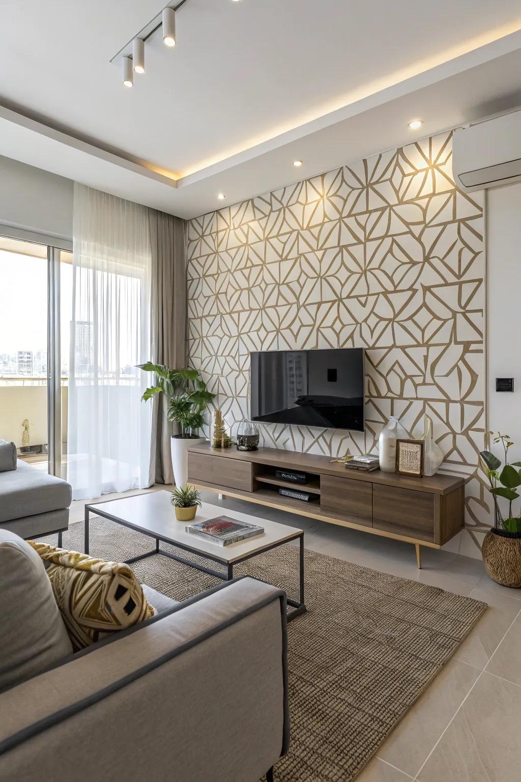Precise designs introduce visual interest to the TV wall.