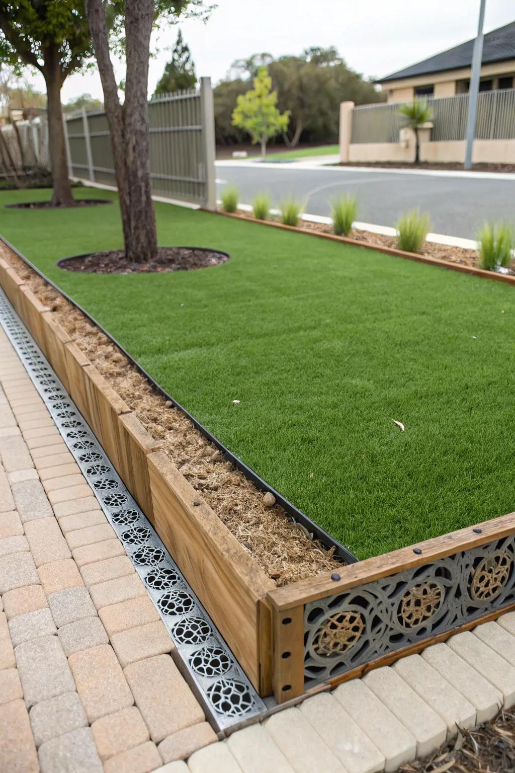 Imaginative edging beautifully defines the artificial grass area.
