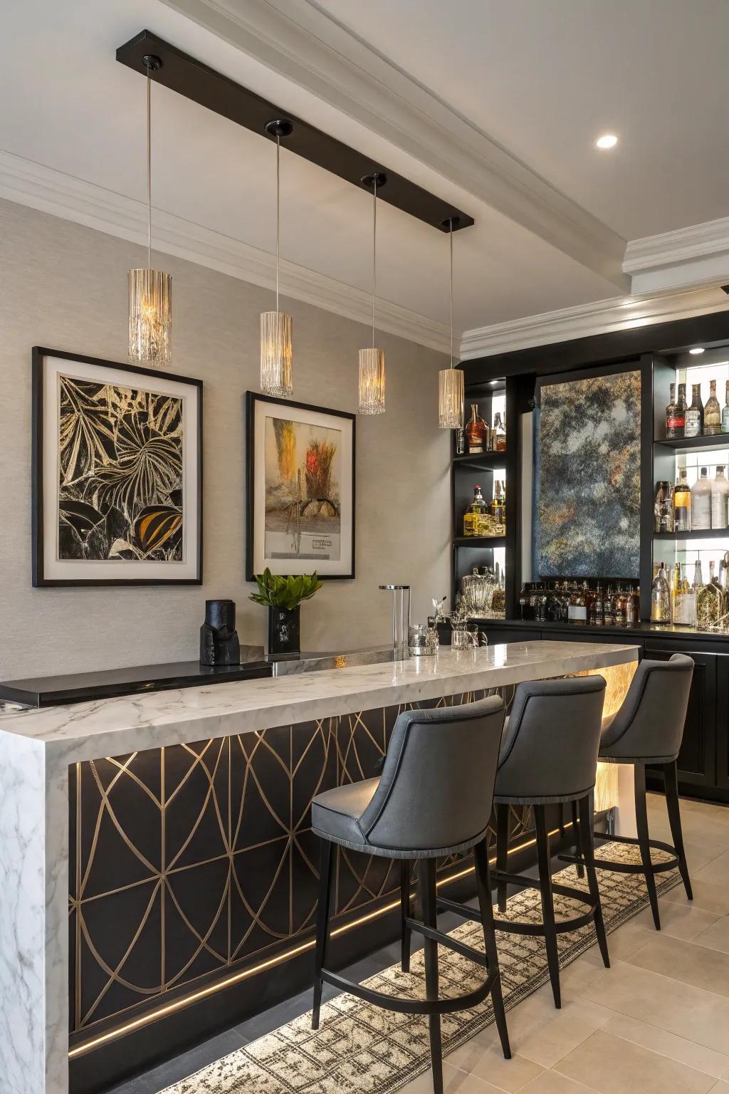 Art and decor add personality to this modern bar.