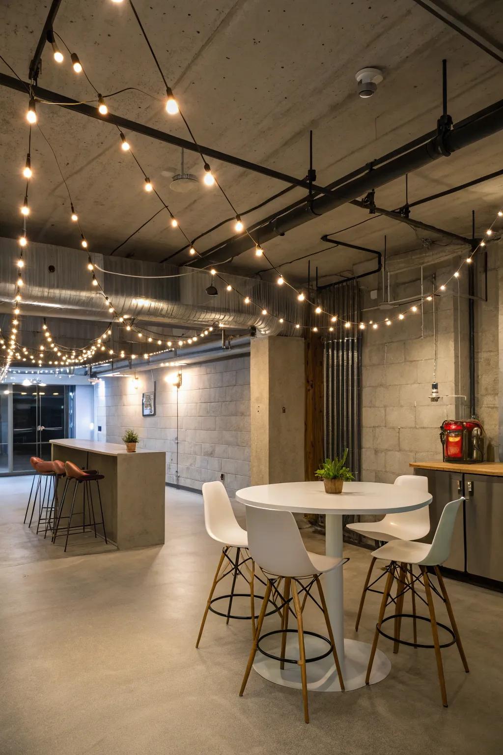 The basement is adorned with whimsical charm and contemporary flair thanks to string lights.