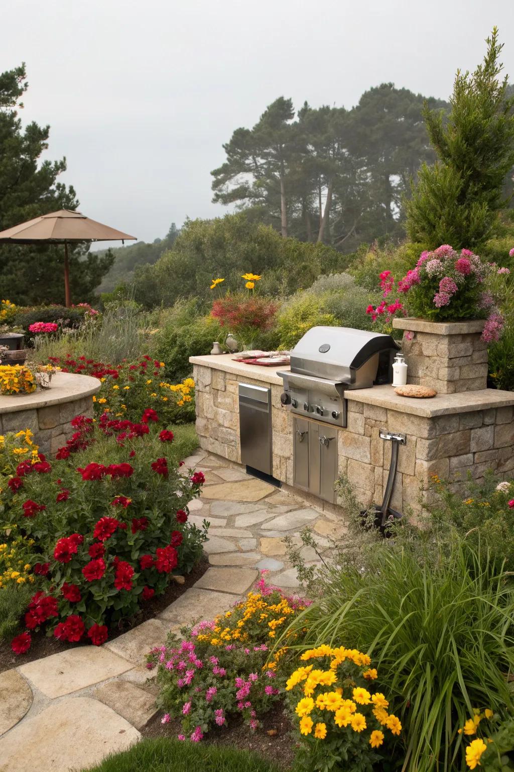 Lush plants cultivate a serene BBQ setting.