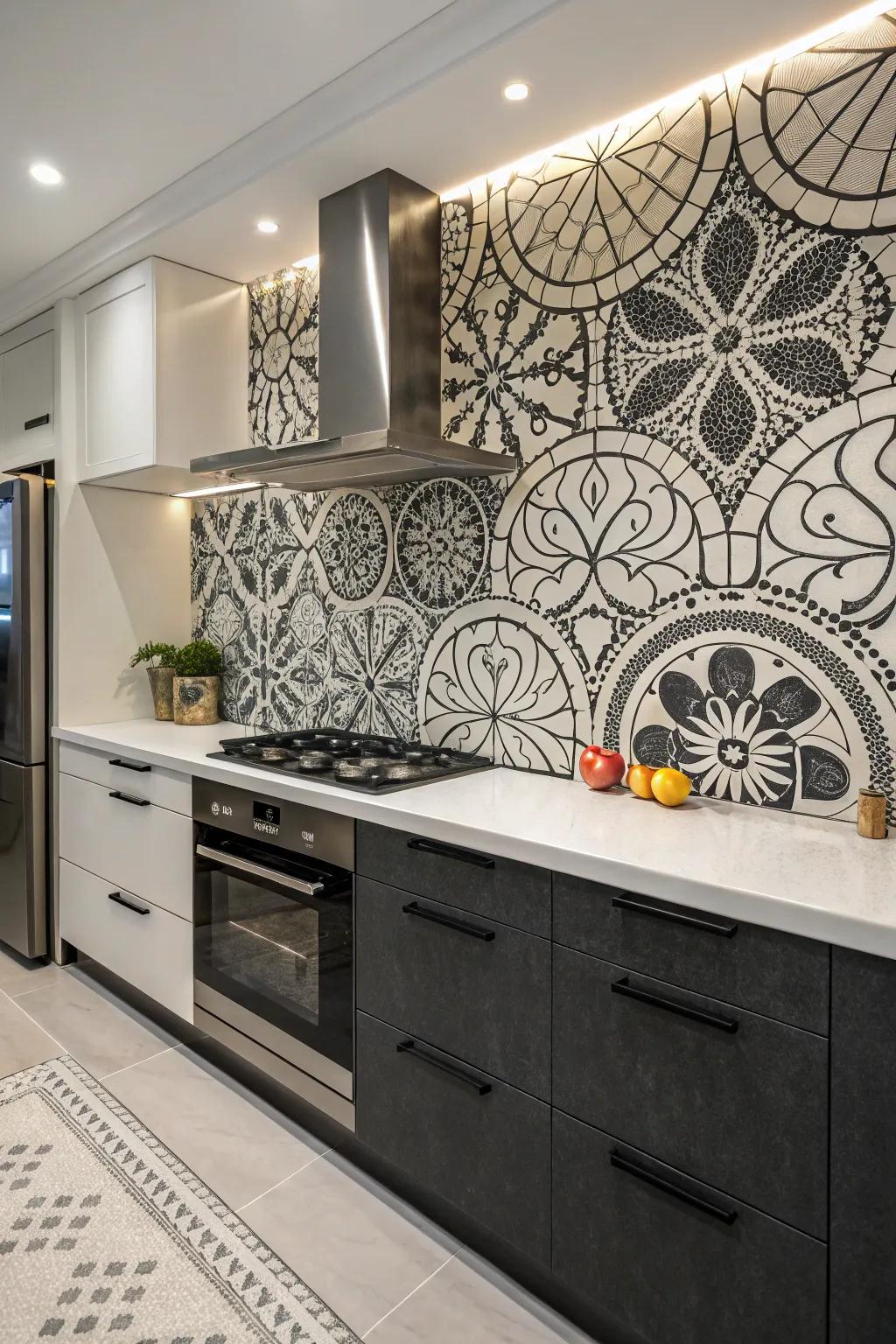 Monochrome mosaics establish a captivating focal point in the kitchen.