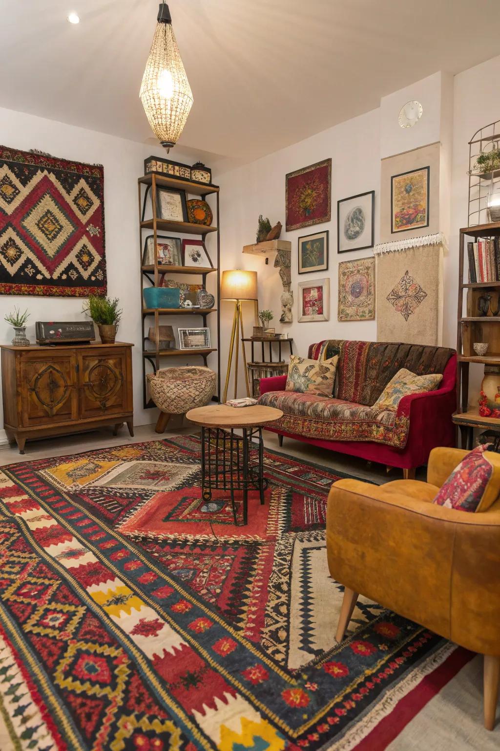 Varied room showcasing a strong patterned carpet and classic decorative pieces