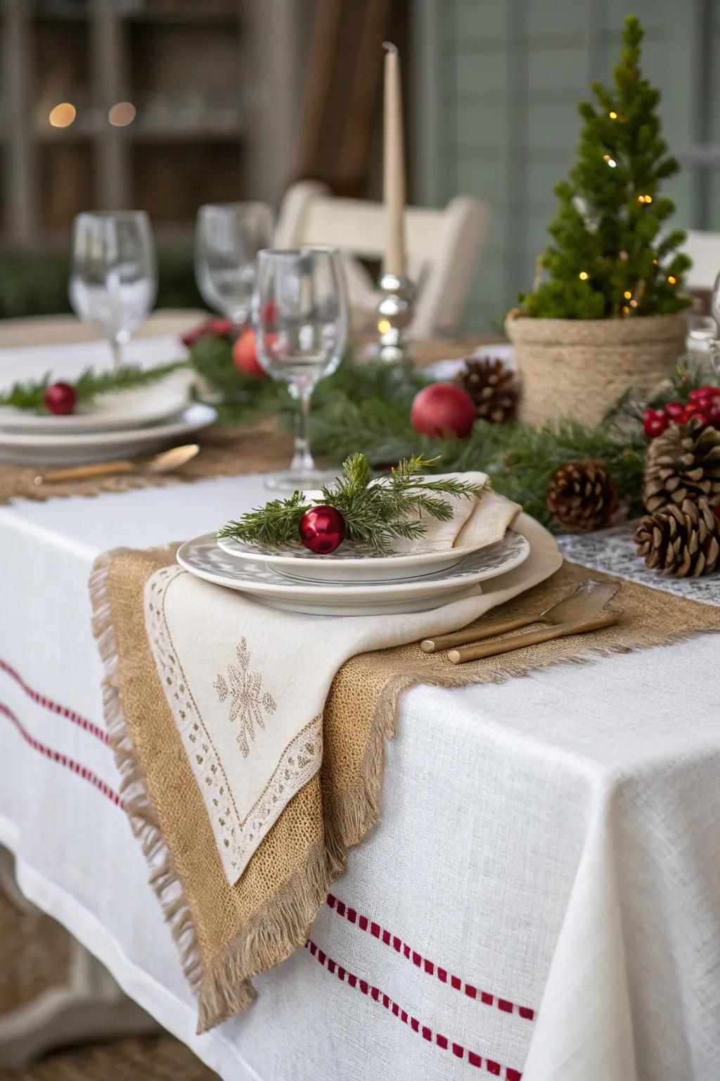 A layered texture table arrangement employing linen and burlap for depth.