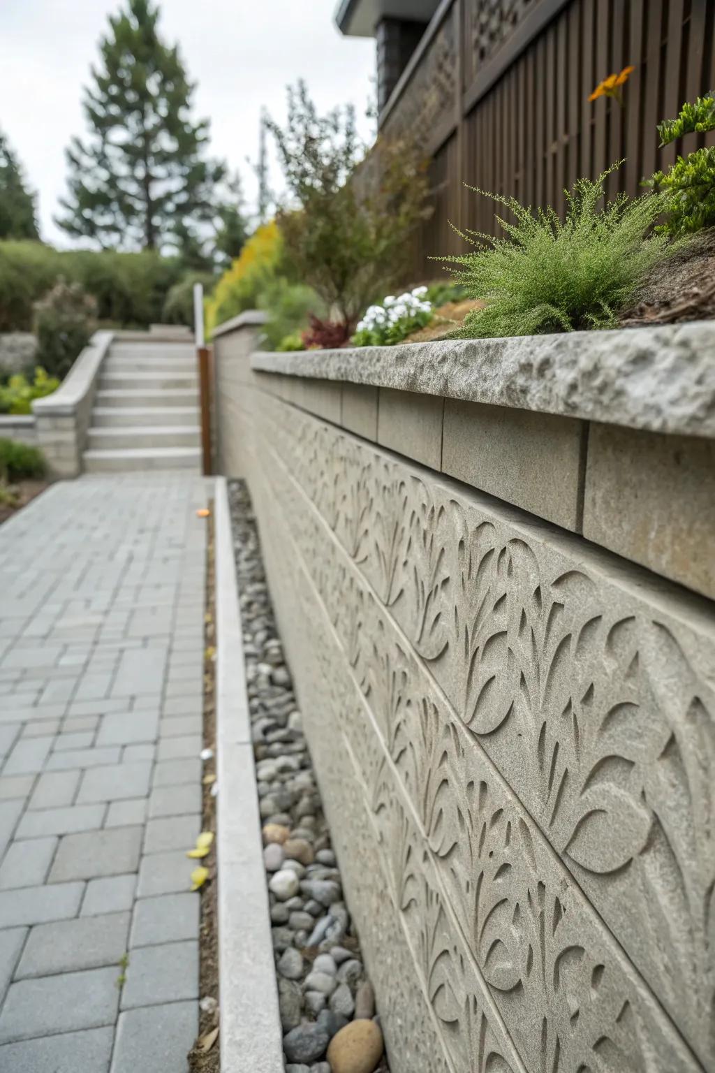 Textured concrete wall enriching the landscape's dimension.