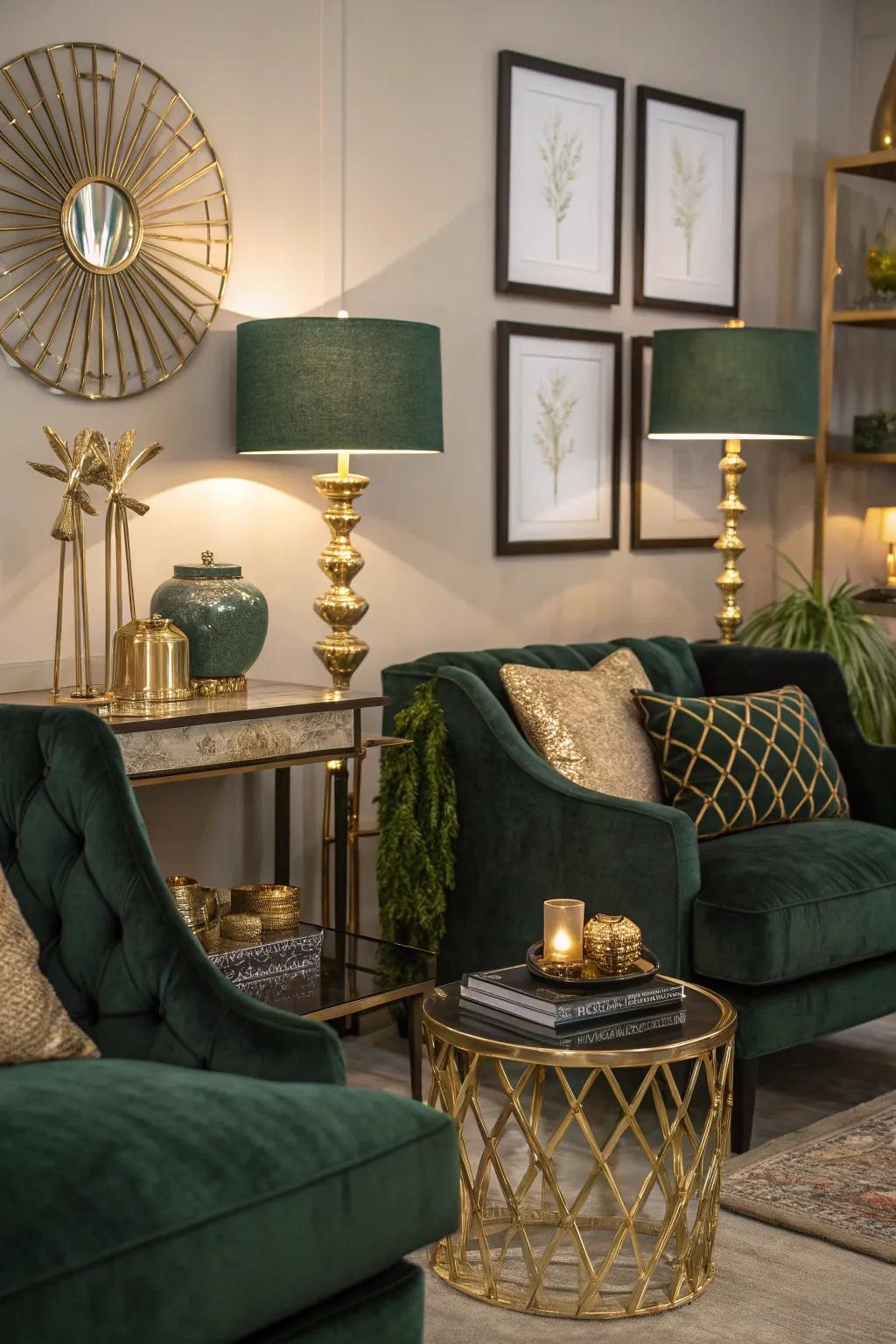 Metallic accents bring a luxurious dimension to deep green interiors.