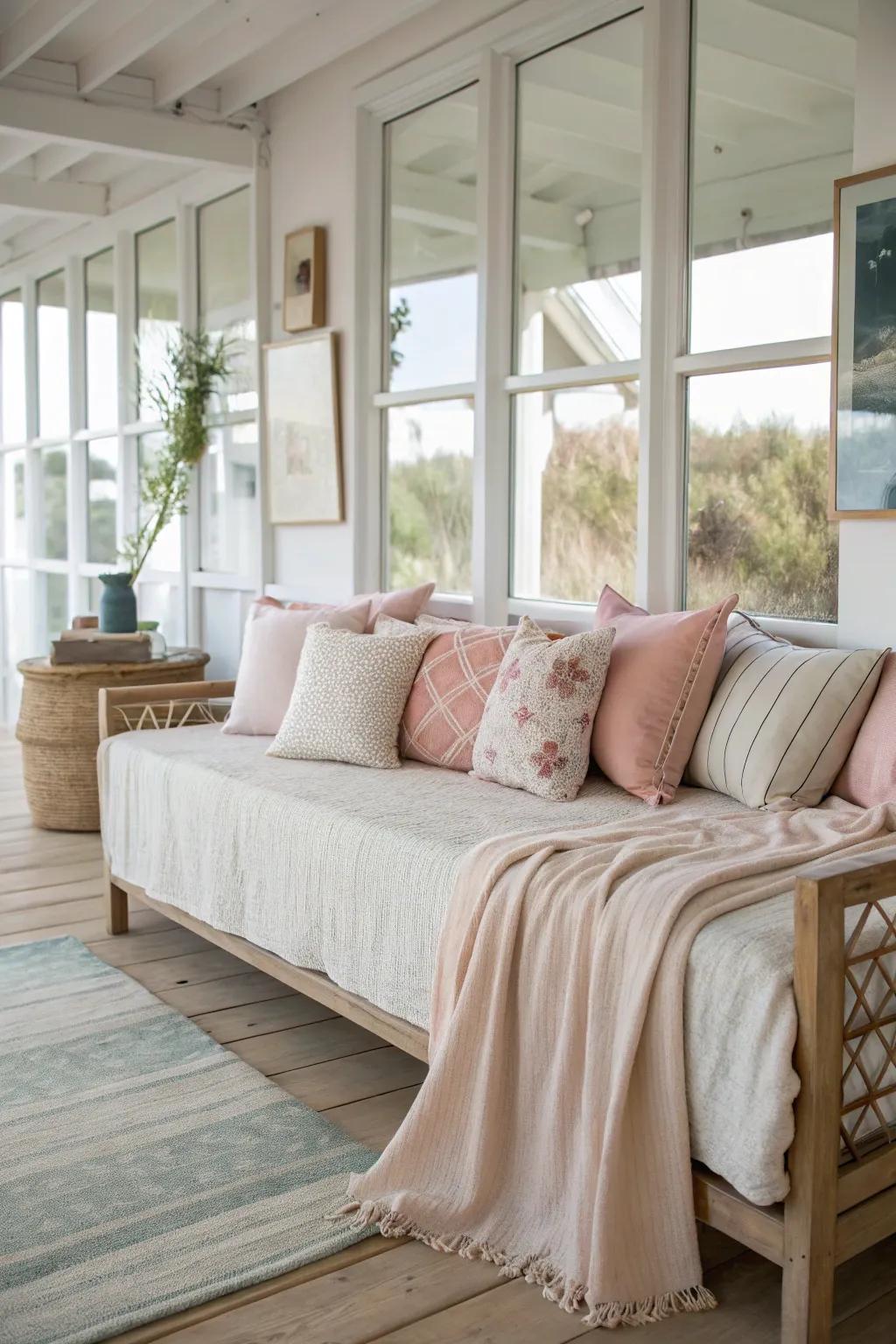 Neutral and light bedding colors offer a calming effect on a daybed.