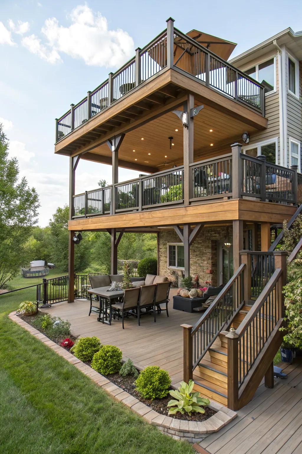 A multi-tiered deck presenting separate spaces for diverse pursuits.