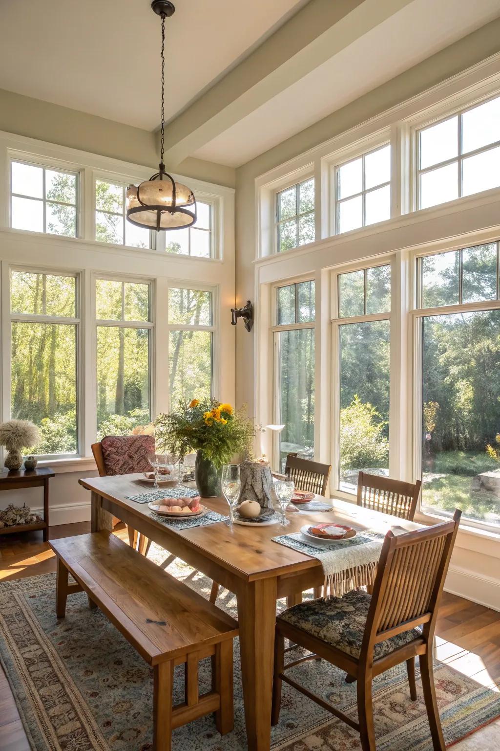 Natural light enhances the openness of a farmhouse dining room.