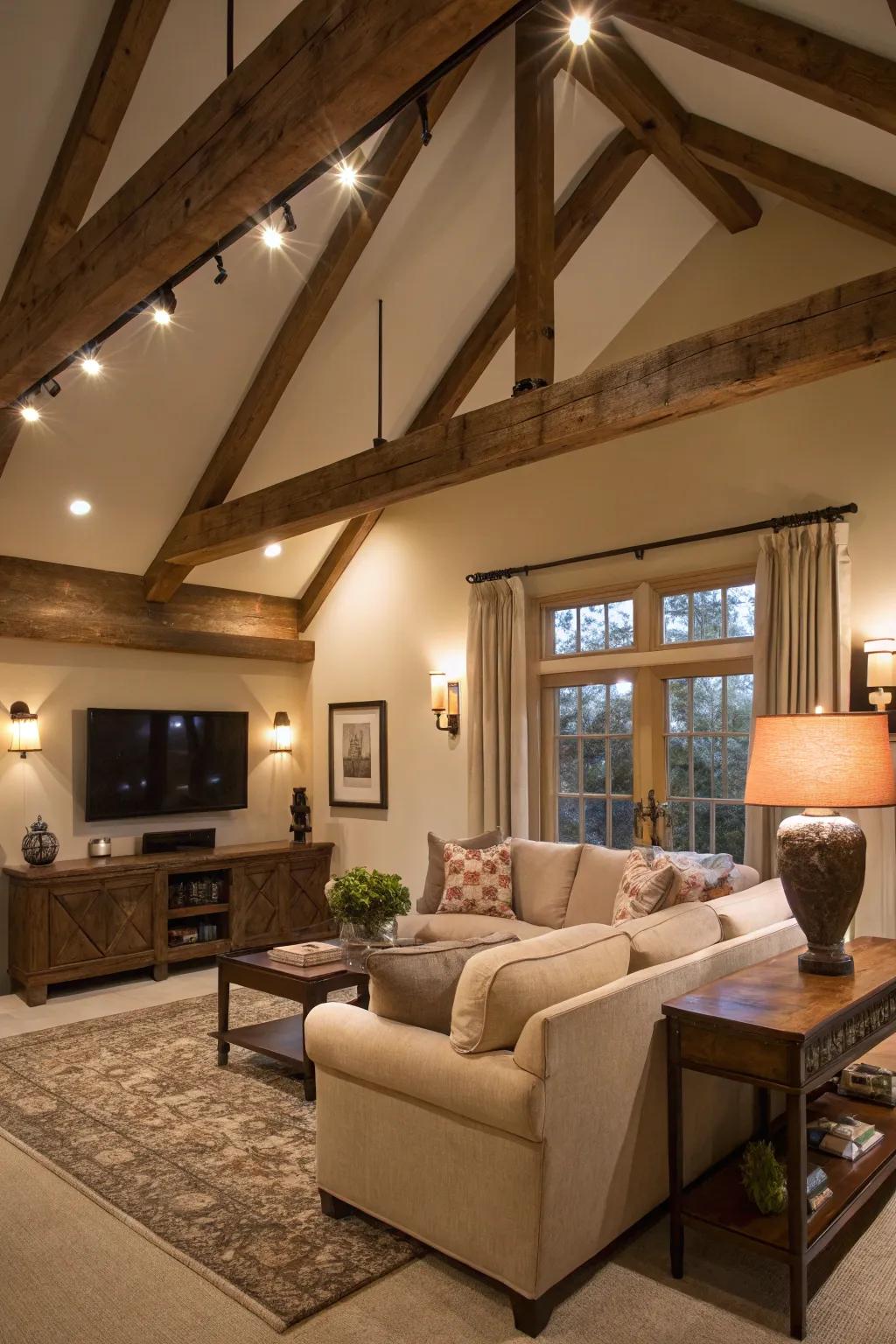 Illumination enhances the country beauty of visible support beams.