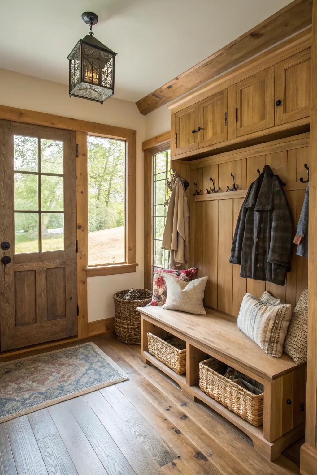 Mudroom with warm wood features and comfortable atmosphere.