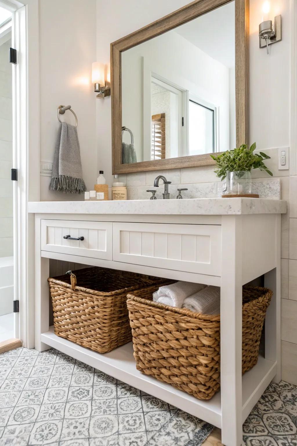 Woven container stowage beneath a sink base within a washroom.