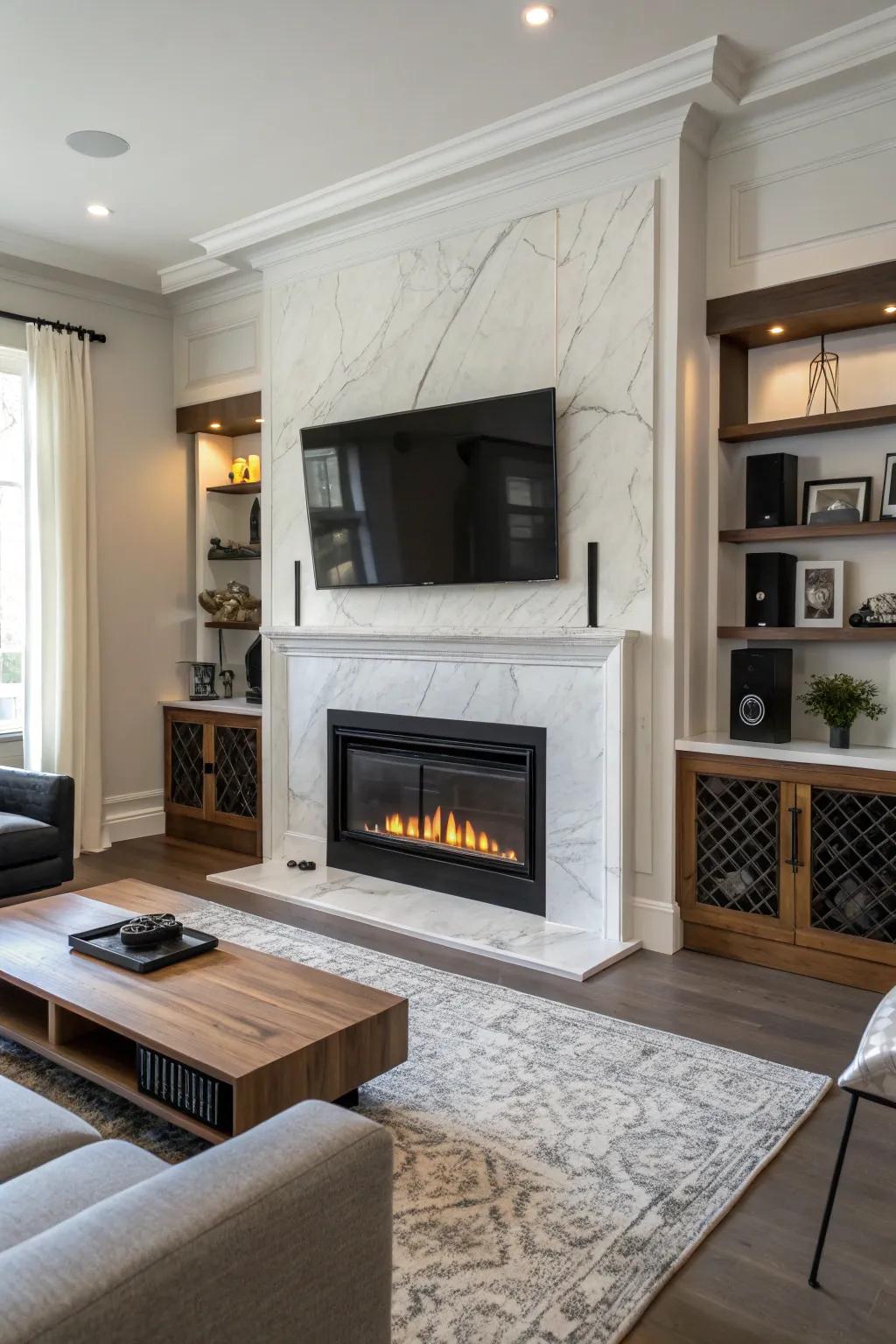 Integrated sound solutions flawlessly enhance the fireplace and TV layout.