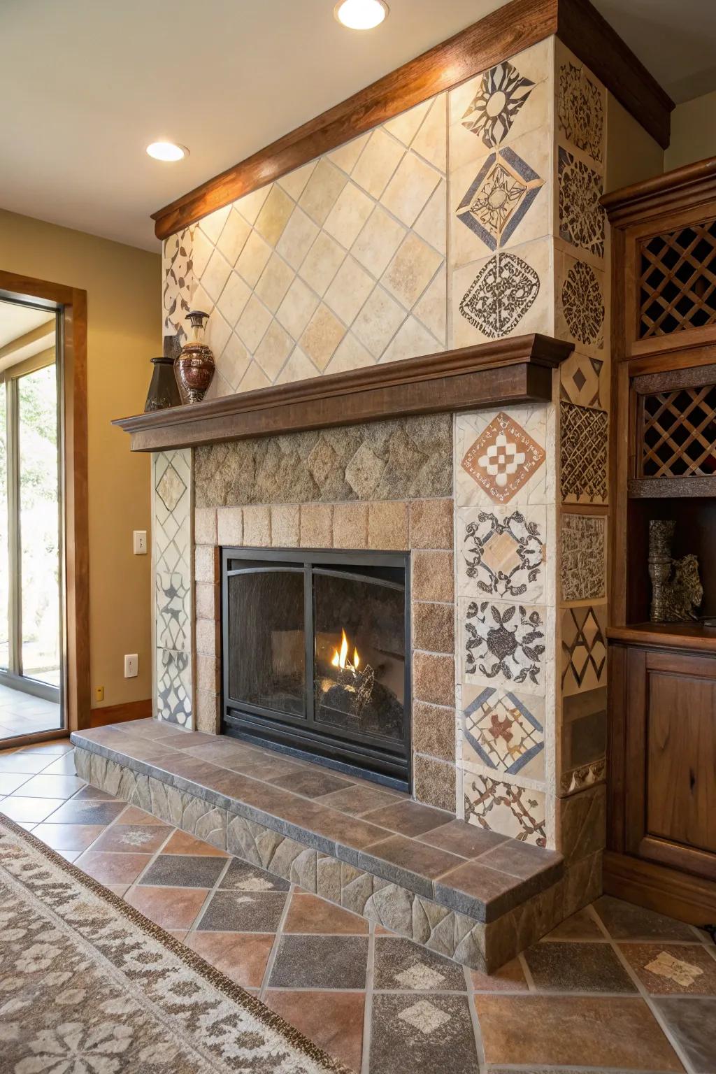 A fireplace featuring varied surface finishes for added depth.