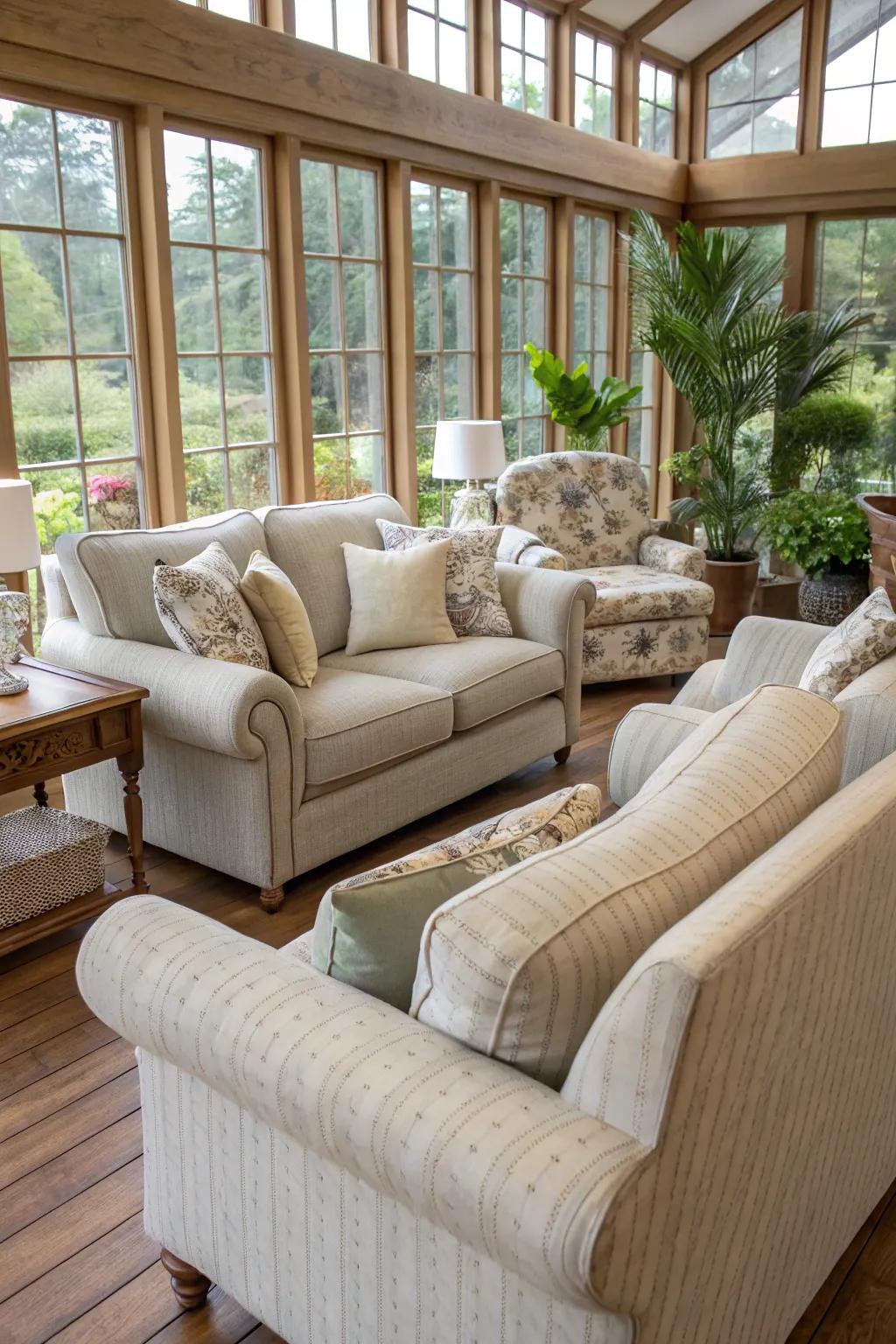 Comfortable seating beckons relaxation in this cozy sunroom.
