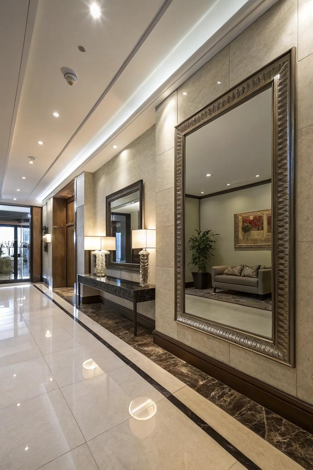 A large reflector adds roominess and brightness to this contemporary entrance hall.