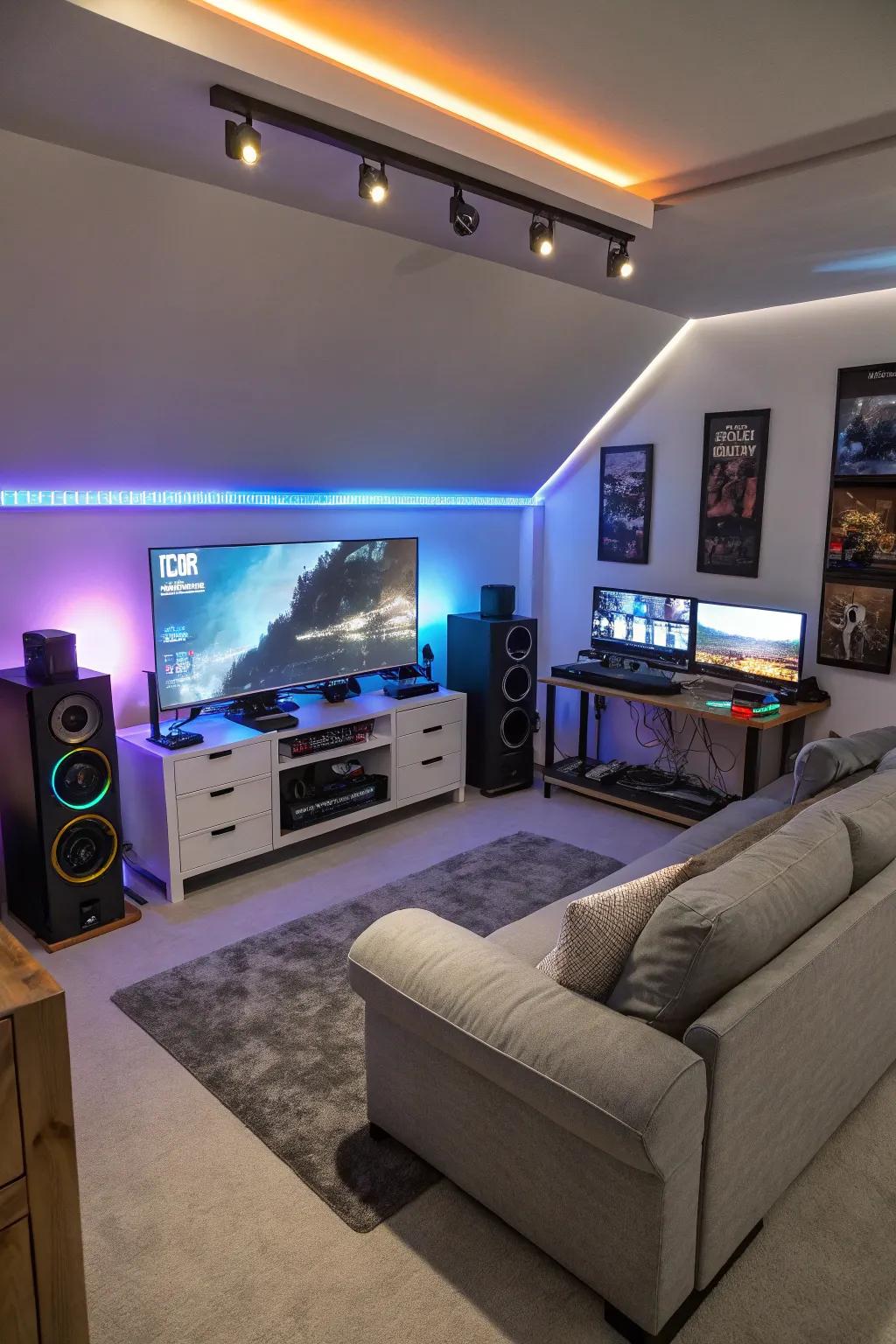 A gaming chamber with integrated intelligent technology for lighting and audio.